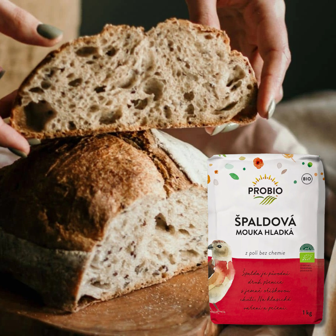 Freshly baked spelt bread with a pack of PROBIO Organic Fine Spelt Flour (1 kg)